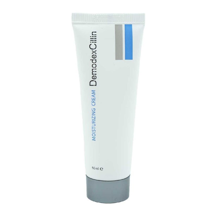 کرم-مرطوب-کننده-دمودکسیلین تصویر کرم مرطوبکننده دمودکسیلین حجم ۵۰ میلیلیتر با بستهبندی سفید و آبی